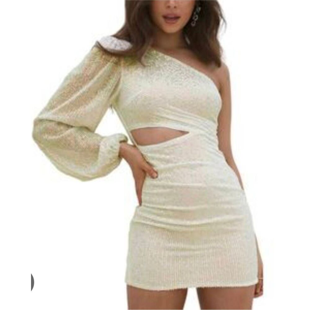 Just Quella Cream Sequin Bodycon One Sleeve Mini Dress
